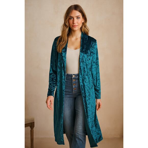 Teal Jewel Tone Crushed Velvet Longline Duster Cardigan | Open Front | Small - Picture 1 of 10